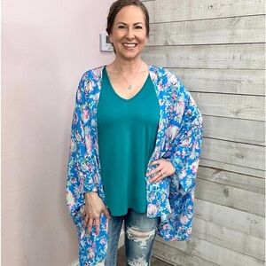Dear Scarlett Chiffon Kimono One Size Blue Floral Duster